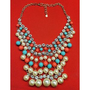 Multi Strand Collar Blue, White, Coral Color Beads Gold Tone Statement Piece